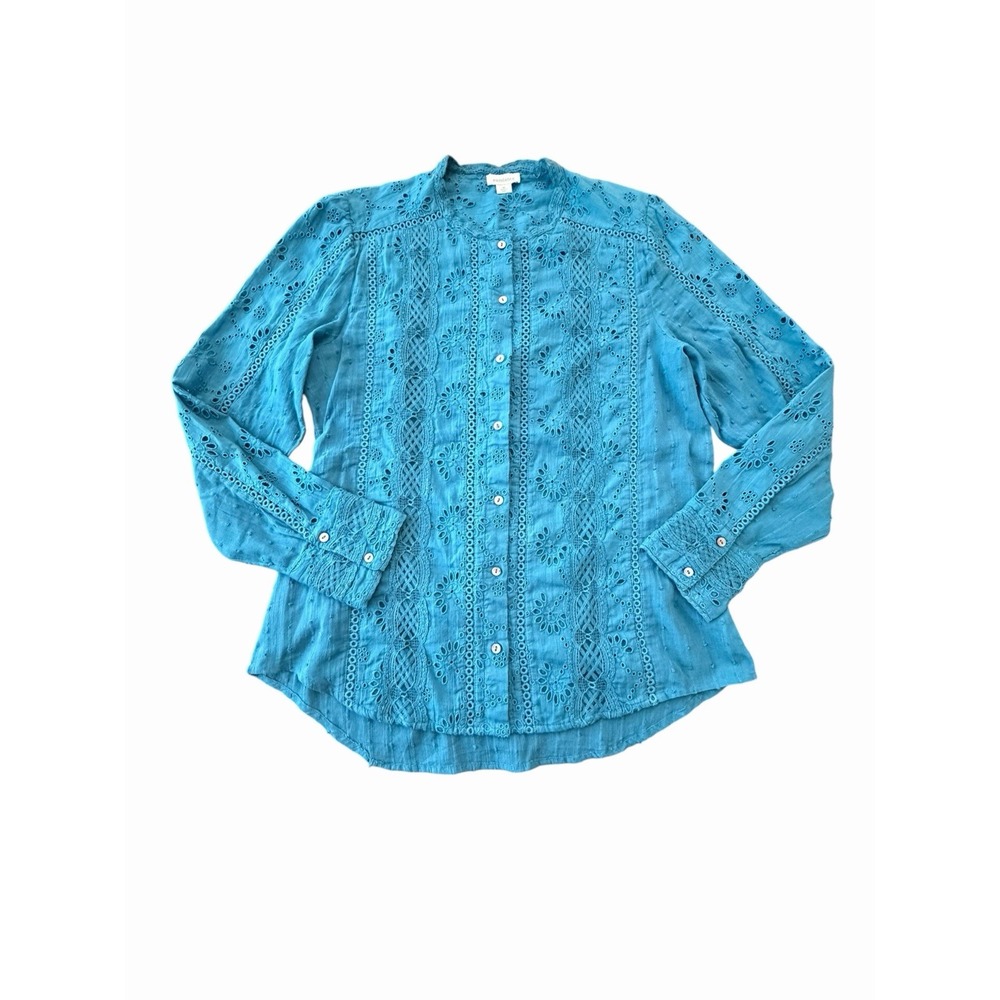 SUNDANCE Top Medium Embroidered Eyelet Blue Long Sleeve Boho Relaxed NNN19-3